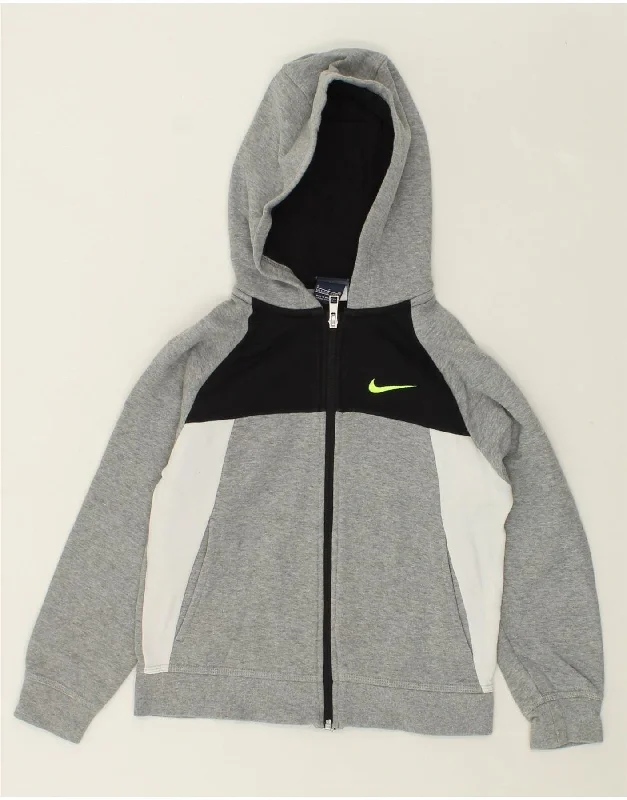 NIKE Boys Zip Hoodie Sweater 8-9 Years Small Grey Colourblock Cotton