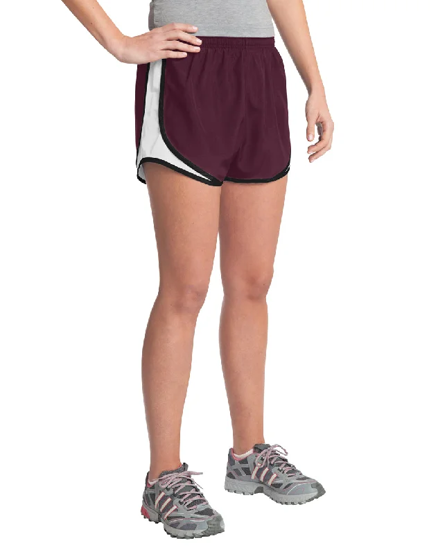 Sport-Tek Womens Cadence Moisture Wicking Shorts - Maroon/White/Black