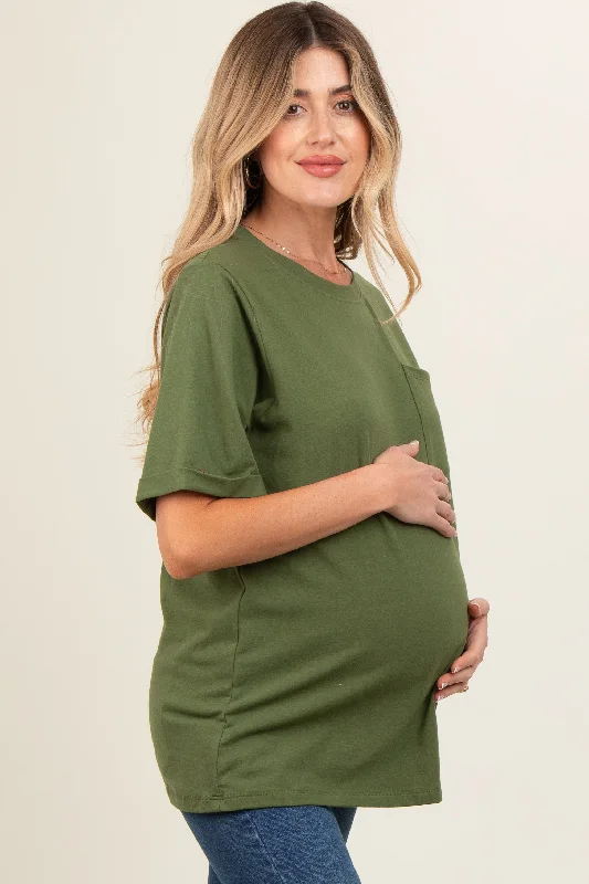 Light Olive Pocket Front Short Sleeve Maternity Top