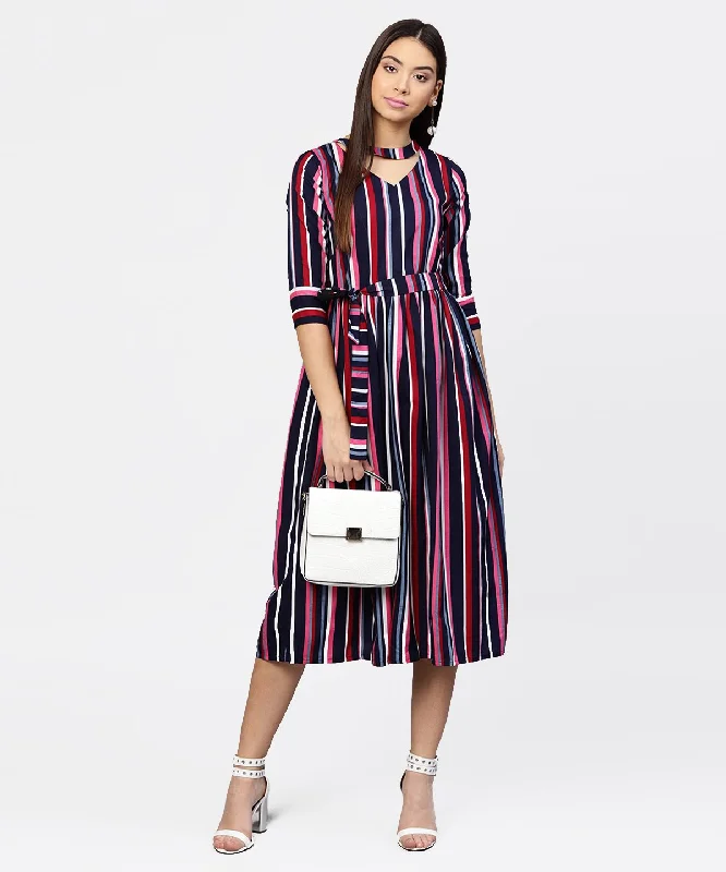 Women's Striped Printed 3/4Th Sleeve Choker Neckline Full Length Dress With Belt - Nayo Clothing