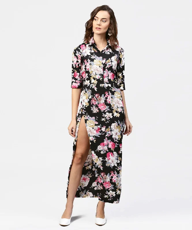 Women's Black Printed 3/4Th Sleeve One Side Slit Dress With Belt - Nayo Clothing