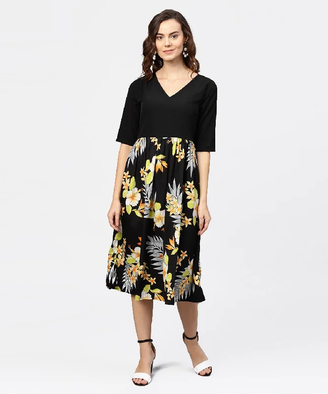 Women's Black Printed 3/4Th Sleeve V-Neck Dress - Nayo Clothing