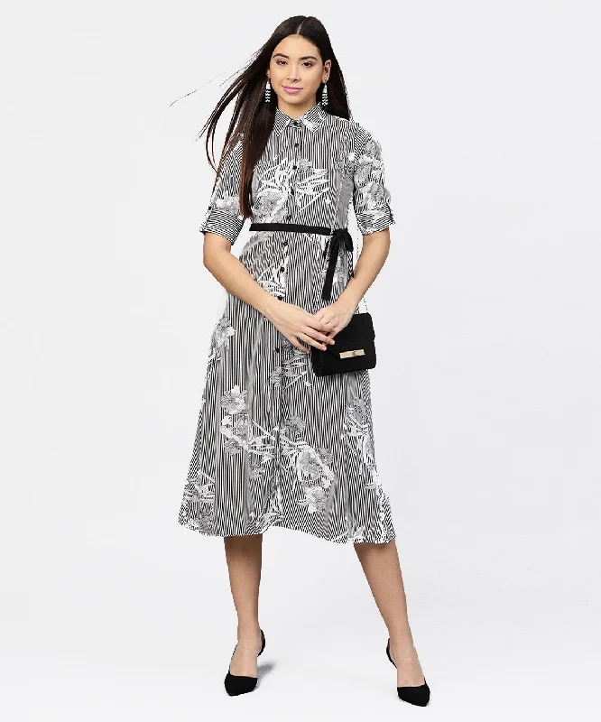 Women's Black Striped Cuff Style Half Sleeve A-Line Open Placket Dress With Belt - Nayo Clothing