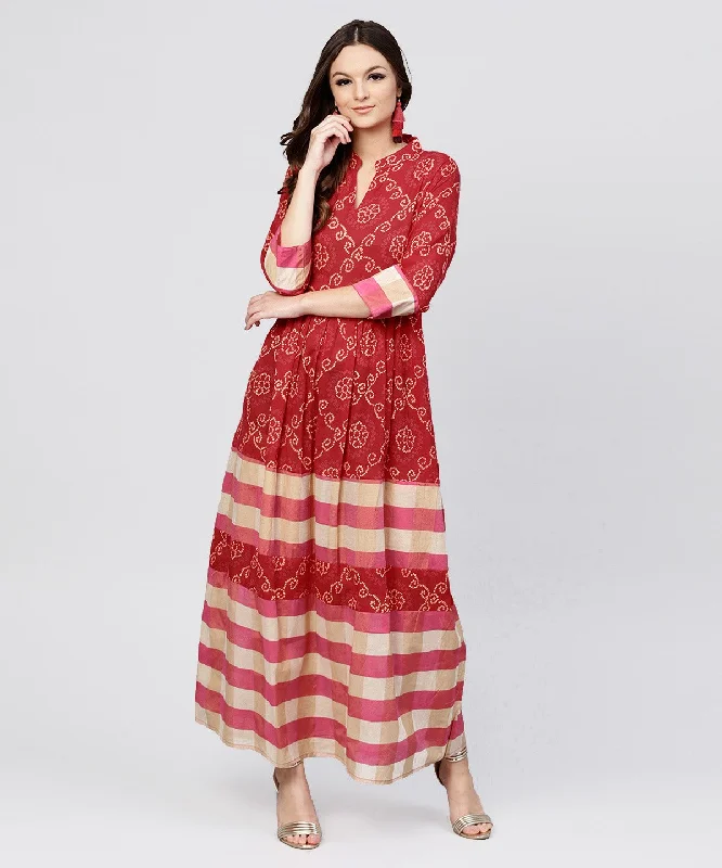 Women's Red Printed Dress With Mandarin Collar And 3/4 Sleeves - Nayo Clothing