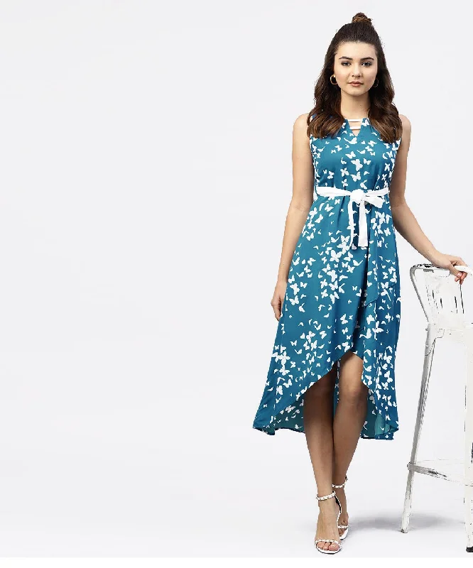 Women's Blue Printed Sleevesless Asymmetric Dress With Gathered Round Neckline - Nayo Clothing