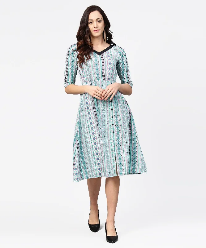 Women's Blue Printed 3/4Th Sleeve A-Line Dress - Nayo Clothing
