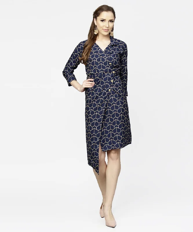Women's Navy Blue 3/4Th Sleeve Angrakha Style Dress - Nayo Clothing