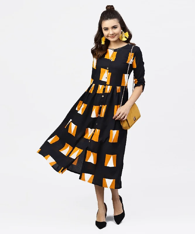 Women's Black Round Neck Printed Dress With Front Placket And 3/4 Sleeves - Nayo Clothing