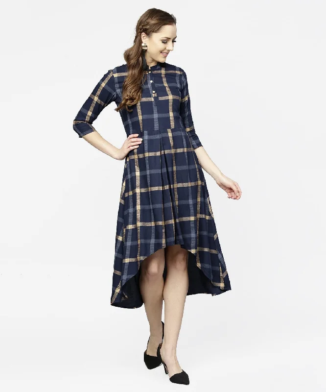 Women's Blue Checked 3/4Th Sleeve Cotton Front Slit Dress - Nayo Clothing