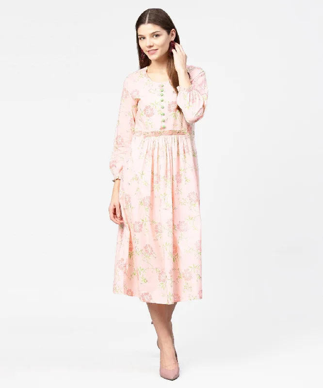 Women's Peach Printed 3/4Th Sleeve Cotton A-Line Dress - Nayo Clothing