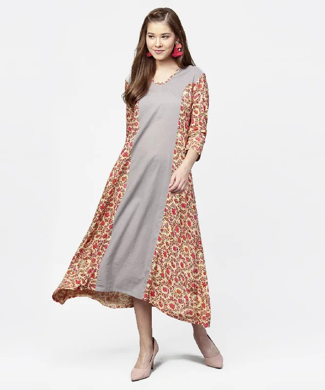 Women's Red & Grey Priinted 3/4Th Sleeve Cotton A-Line Dress - Nayo Clothing