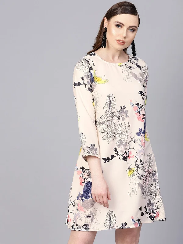 Women's Off White Printed 3/4Th Sleeve A-Line Dress - Nayo Clothing