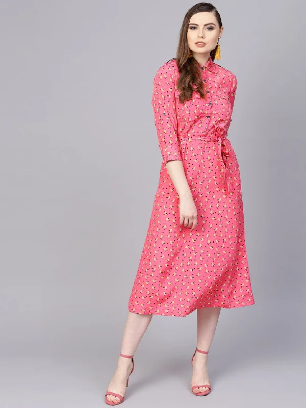 Women's Pink 3/4Th Sleeve A-Line Dress With Belt - Nayo Clothing