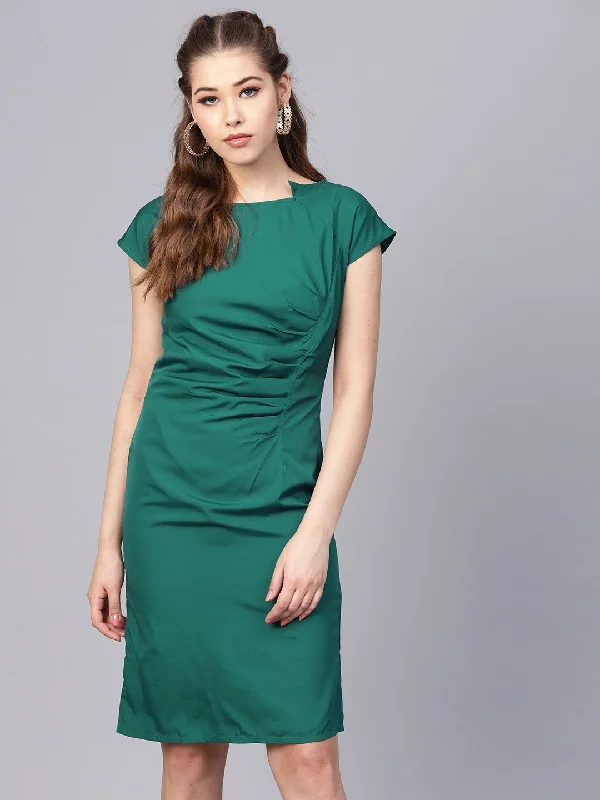 Women's Dark Green Sheath Cap Sleeve Dress - Nayo Clothing