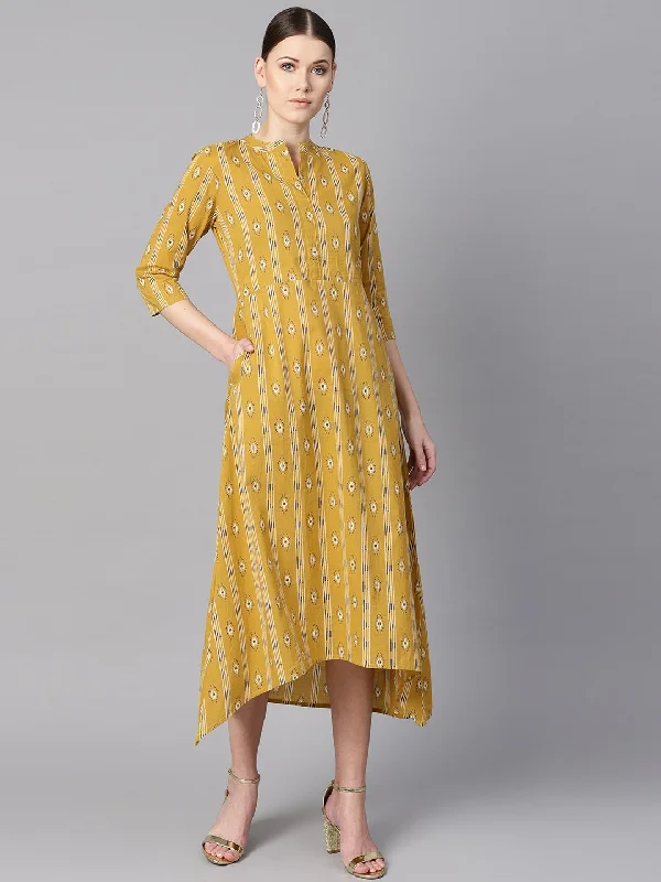 Women's Mustard Yellow Color Ikat Printed Chinese Collar Dress With Placket Opening. - Nayo Clothing