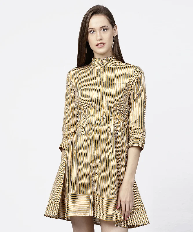 Women's Yellow 3/4Th Sleeve Striped Cotton Dress - Nayo Clothing