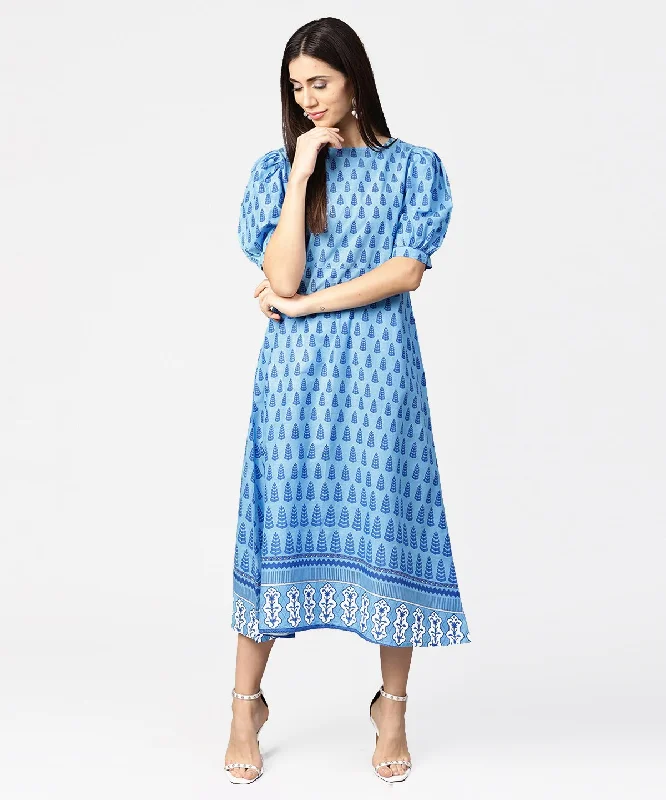 Women's Blue Printed Ballon Style Puff Sleeve Cotton A-Line Dress - Nayo Clothing