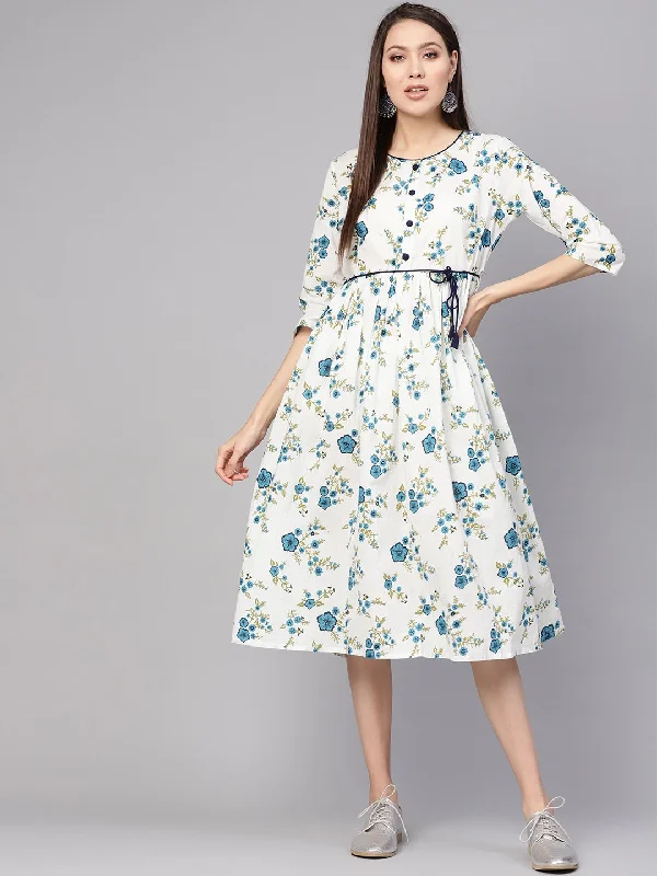 Women's White & Blue Printed A-Line Dress - Nayo Clothing