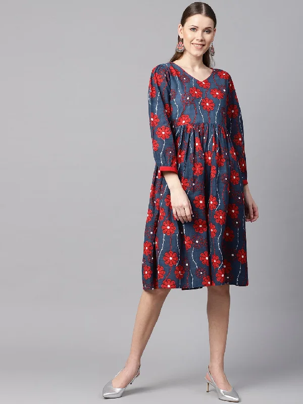 Women's Blue Printed Dress With V Neck & 3/4 Sleeves - Nayo Clothing