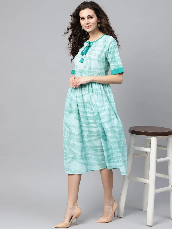 Women's Sky Blue Printed Round Neck With Keyhole Half Sleeve Dress - Nayo Clothing