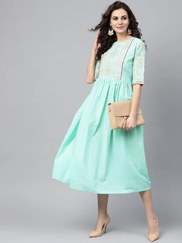 Women's Pastel Green Dress With Front Gold Printed Yoke & 3/4 Sleeves - Nayo Clothing