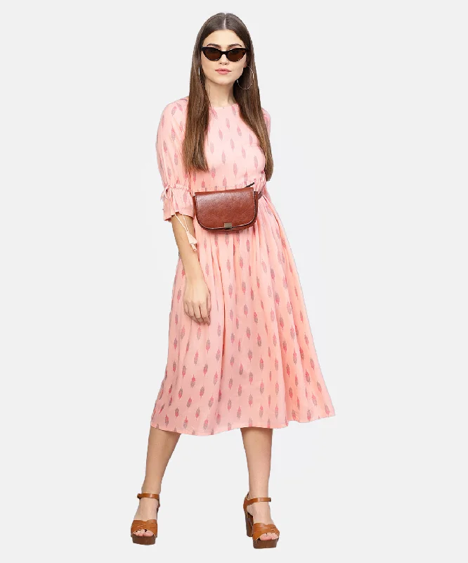 Women's Peach-Coloured Printed A-Line  Dress - Nayo Clothing