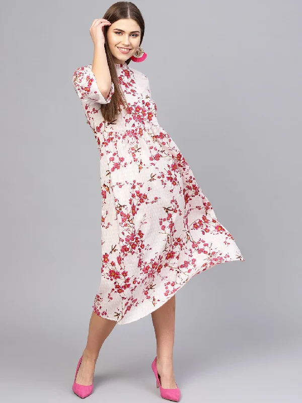 Women's Off-White & Pink Printed Empire Dress - Nayo Clothing