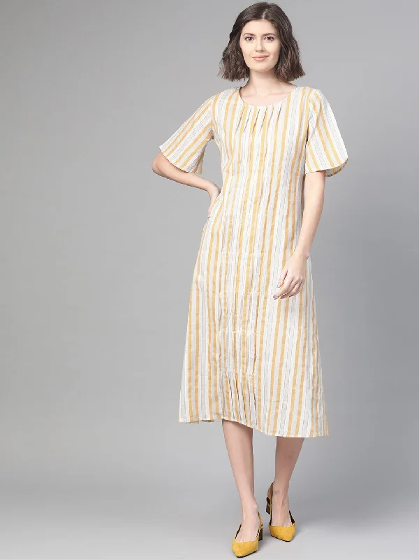 Women's Nayo Off White & Mustard Striped Striped A-Line Dress - Nayo Clothing