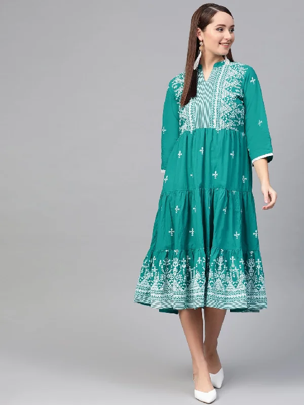Women's Nayo Green & White Tribal Printed Fit And Flare Dress - Nayo Clothing