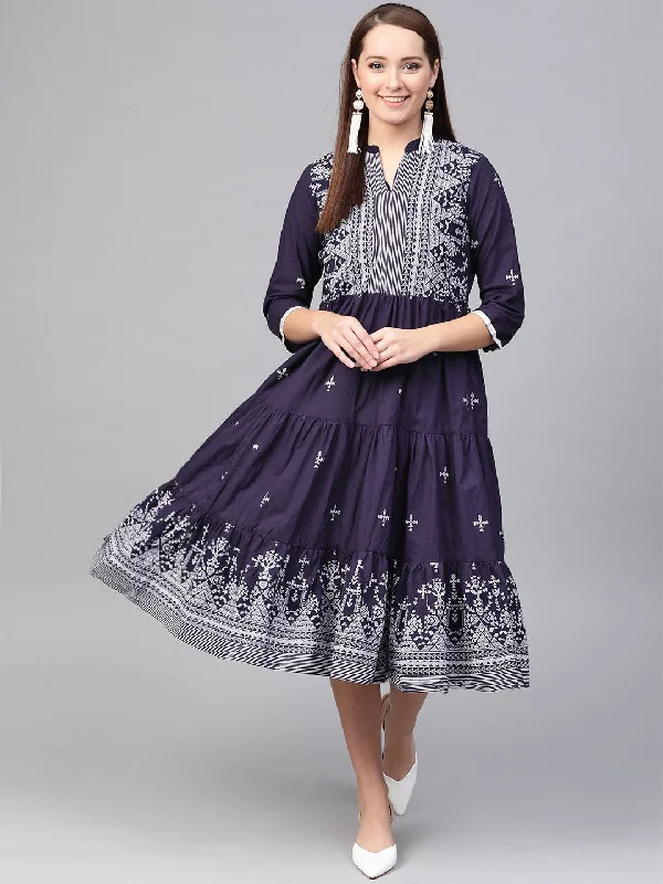 Women's Nayo Navy Blue & White Tribal Printed Fit And Flare Dress - Nayo Clothing