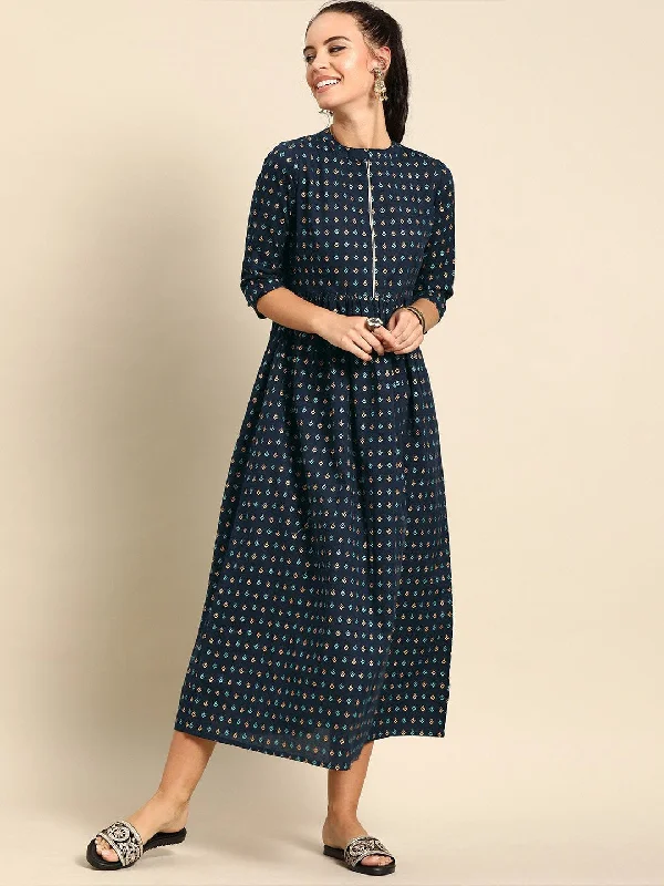 Women's Nayo Navy Blue Ethnic Motifs Printed Mandarin Collar A-Line Dress - Nayo Clothing