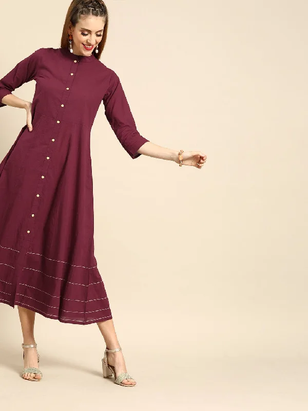 Women's Nayo Burgundy Solid Solid Mandarin Collar Fit And Flare Dress - Nayo Clothing