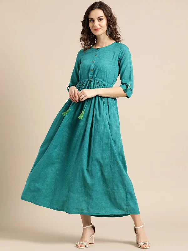 Women's Nayo Green Polka Dots Self Design Round Neck Cotton Fit And Flare Dress - Nayo Clothing