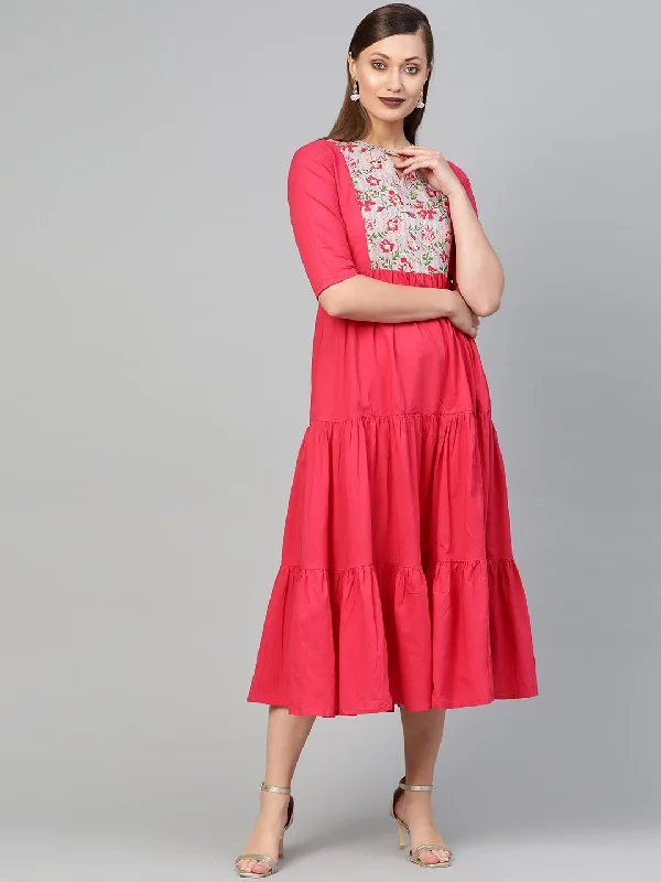 Women's Pink & Grey Solid Fit And Flare Dress - Nayo Clothing