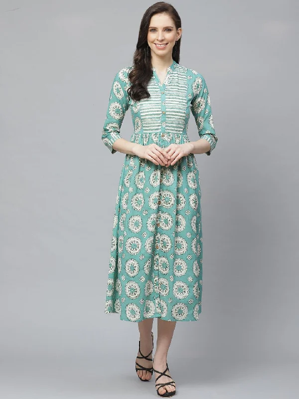 Women's Green Conversational Printed Mandarin Collar Cotton A-Line Dress - Nayo Clothing