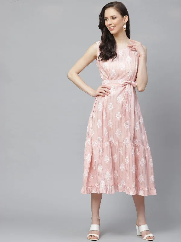 Women's Pink Ethnic Motifs Printed Round Neck Cotton A-Line Dress - Nayo Clothing