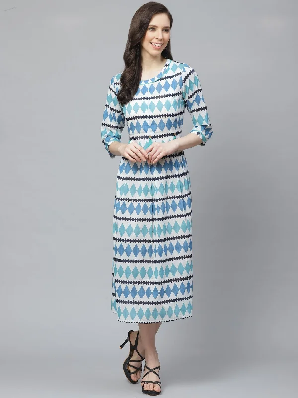 Women's White  Geometric Printed Round Neck Cotton A-Line Dress - Nayo Clothing