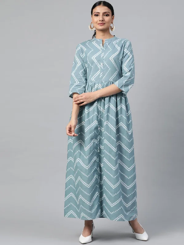 Women's Blue Geometric Printed Mandarin Collar Cotton A-Line Dress - Nayo Clothing