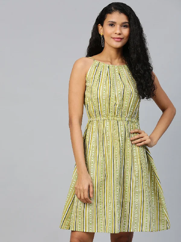 Women's Multi Striped Striped Halter Neck Cotton A-Line Dress - Nayo Clothing