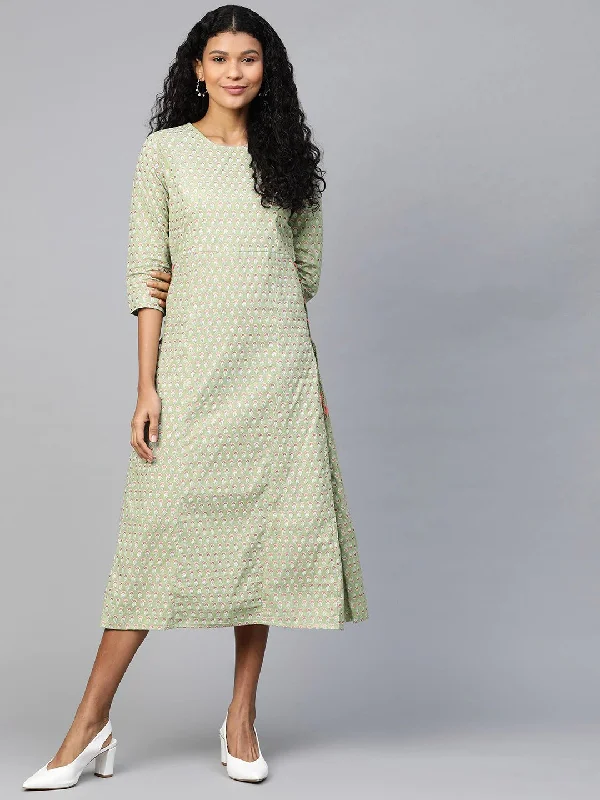 Women's Green Ethnic Motifs Printed A-Line Dress - Nayo Clothing