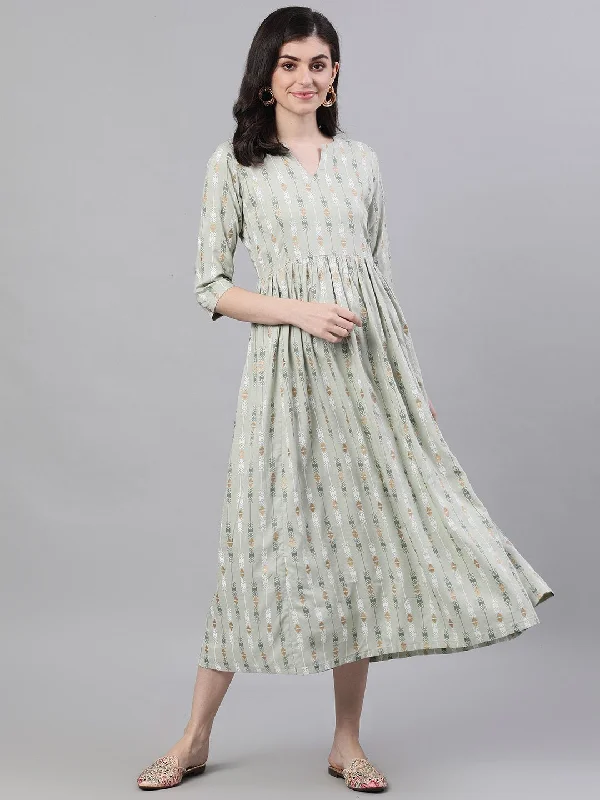 Women's Sage Green Geometric Printed V-Neck Viscose Rayon Fit And Flare Dress - Nayo Clothing