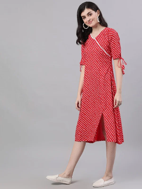 Women's Red Striped Striped V-Neck Viscose Rayon A-Line Dress - Nayo Clothing