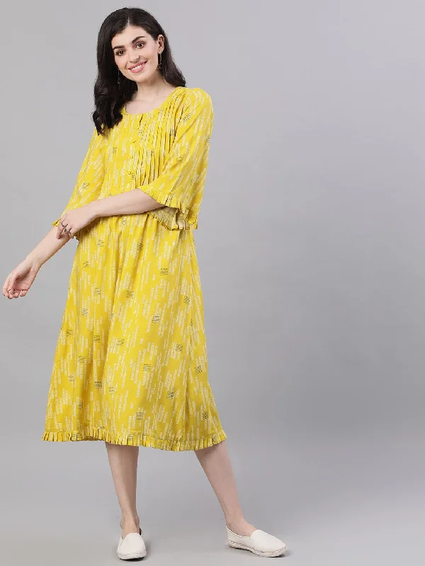 Women's Yellow Conversational Printed Round Neck Viscose Rayon A-Line Dress - Nayo Clothing