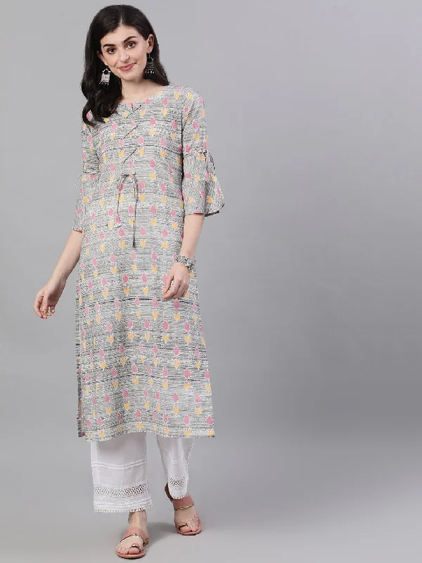 Women's Grey Ethnic Motifs Printed V-Neck Cotton A-Line Dress - Nayo Clothing