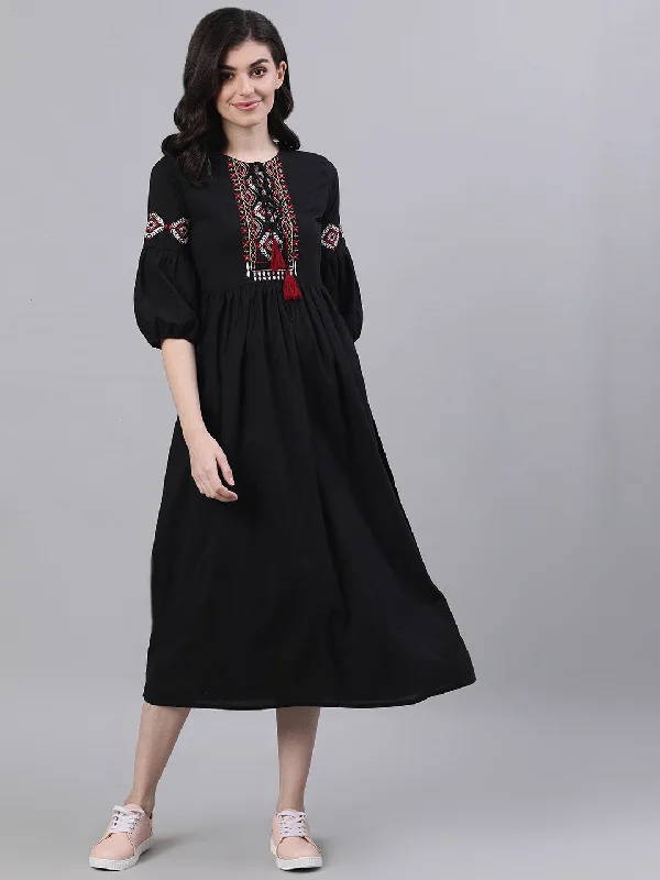 Women's Navy Black Solid Solid Tie-Up Neck Viscose Rayon Fit And Flare Dress - Nayo Clothing