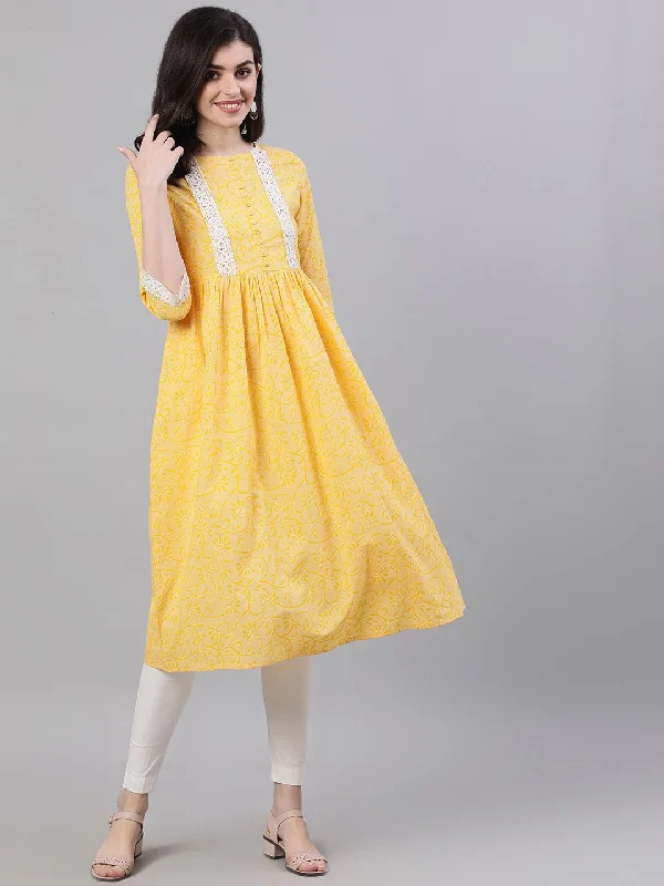 Women's Yellow Front Yoke Lace Detail Printed Dress - Nayo Clothing