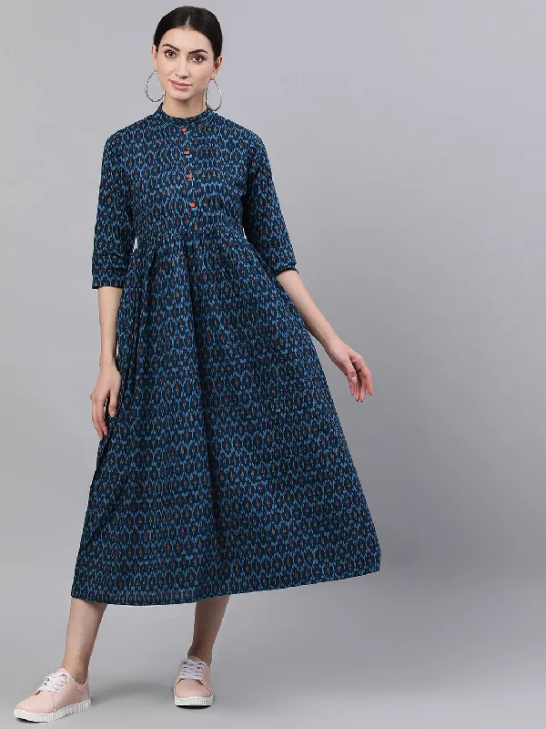 Women's Navy Blue Bohemian Printed Mandarin Collar Cotton A-Line Dress - Nayo Clothing