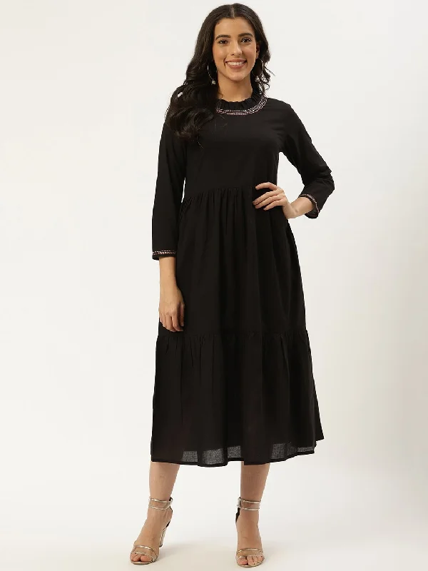 Women's Black Solid Solid Round Neck Cotton A-Line Dress - Nayo Clothing