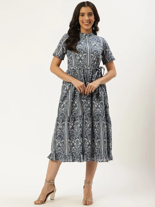 Women's Blue Ethnic Motifs Printed High-Neck Cotton A-Line Dress - Nayo Clothing