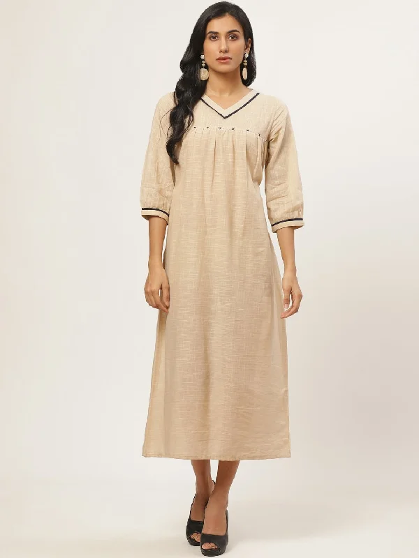 Women's Beige Solid Solid V-Neck Cotton A-Line Dress - Nayo Clothing